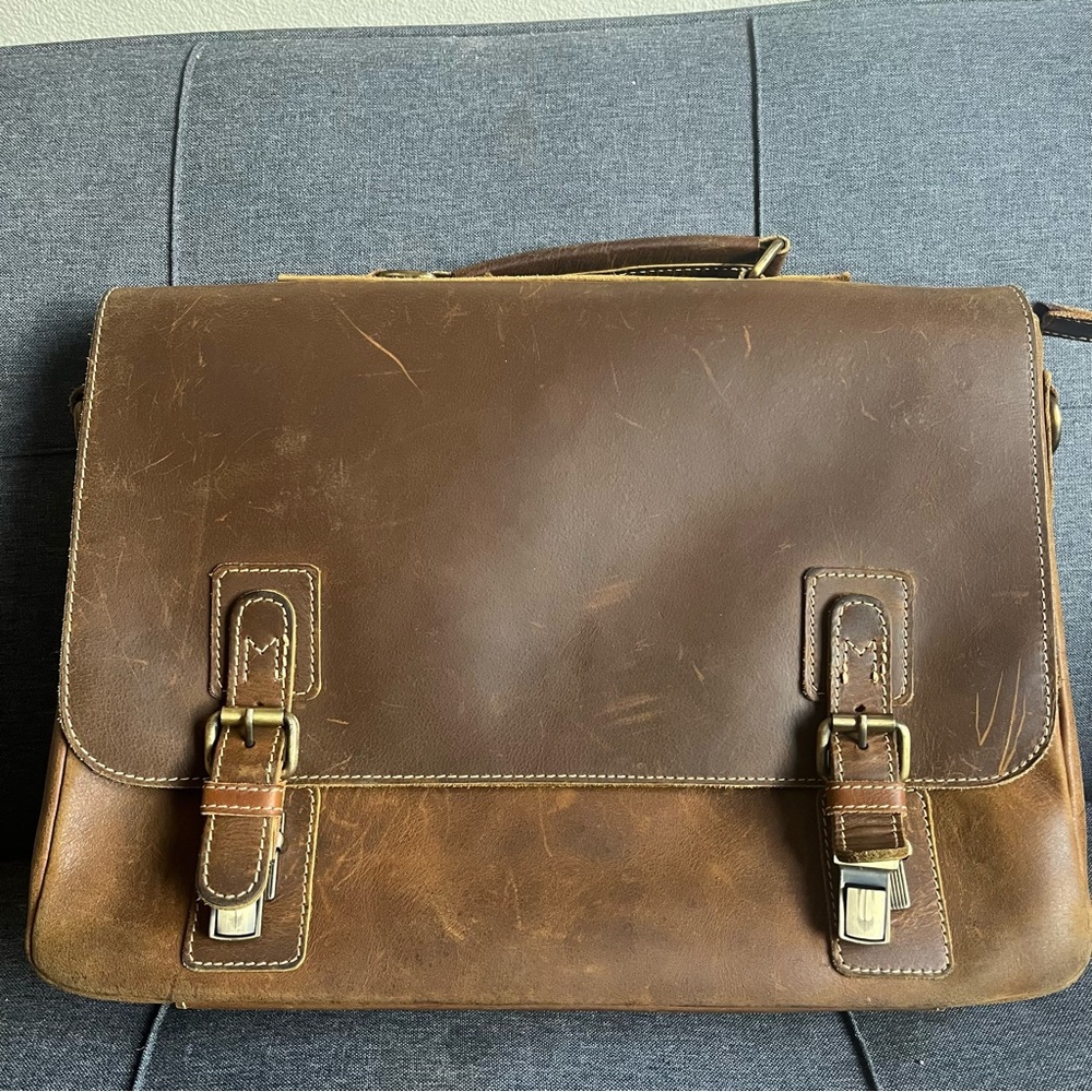Viosi Genuine Leather Messenger Laptop Briefcase Bag Brown